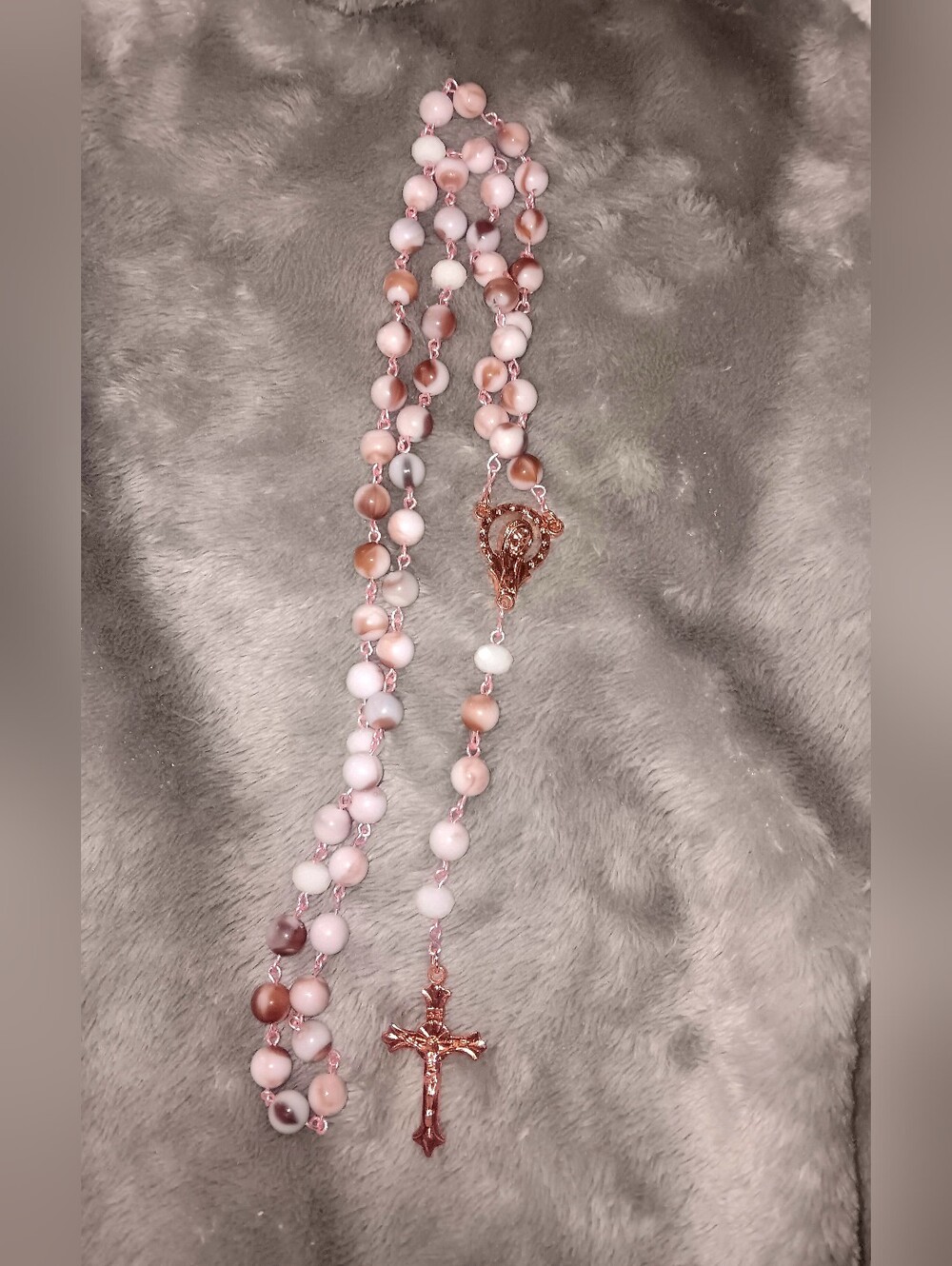 Rosary with Rose Gold Crucifix and Cream-Brown Beads